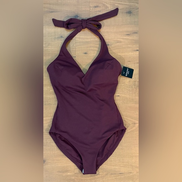 SPANX Pique Shaping Halter One Piece Swimsuit
Color: Mulberry 
Size: L , XL - Picture 1 of 10